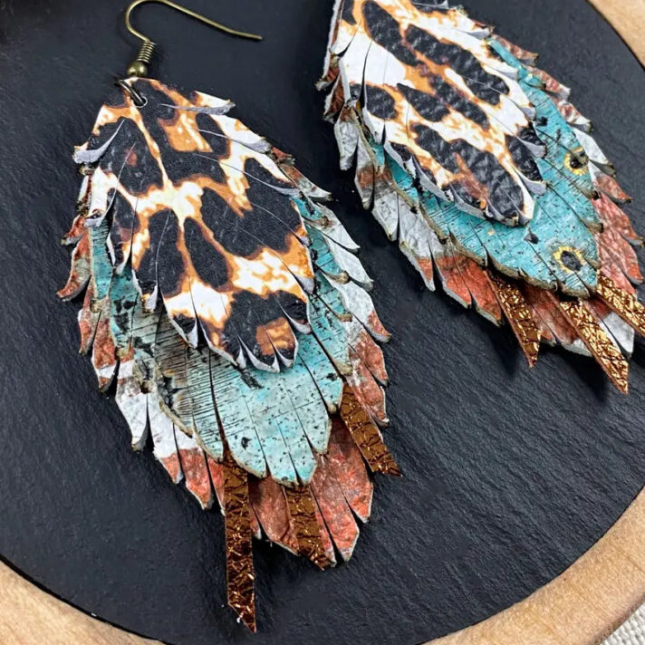 Turquoise and Rust Fringe Feather Dangles - Makeup Artists' Choice