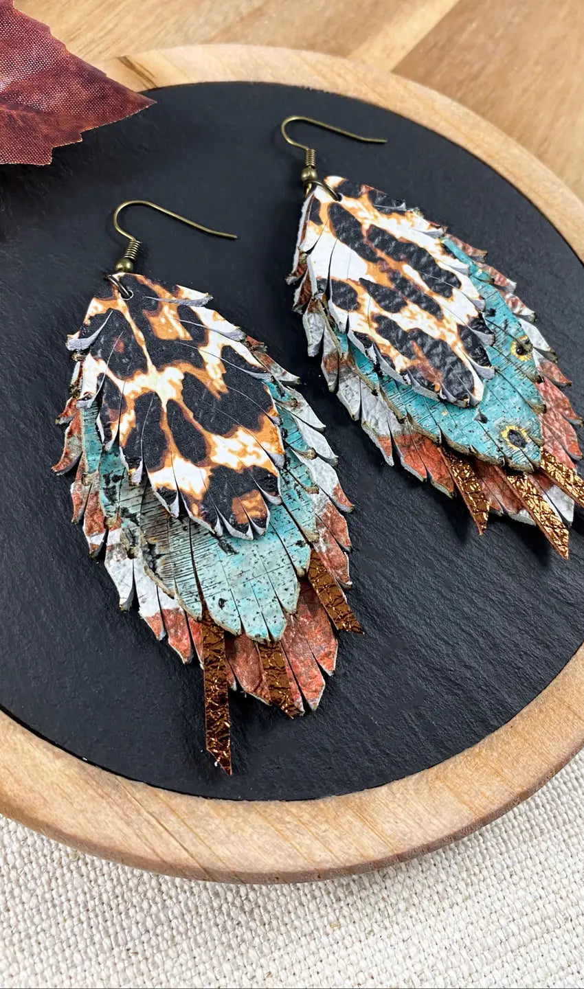 turquoise-and-rust-fringe-feather-dangles